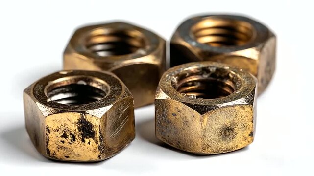 Group of antique brass nuts on white background, vintage hardware components, aged fastener collection, with copy space