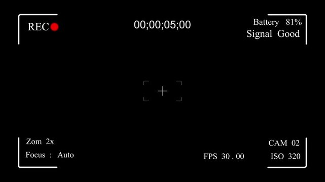 High tech CCTV surveillance monitor interface overlay featuring advanced digital UI elements, recording frame markers, time code, and CAM 2 camera label on a clean black background pk video .