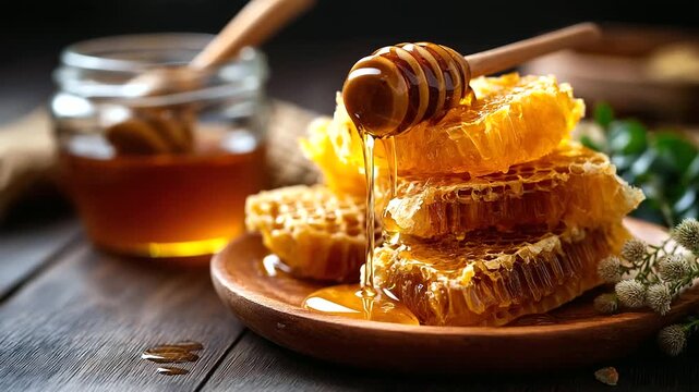 Honeycomb with fresh honey from honeycombs, healthy food concept and diet, natural organic sweetener display, with copy space