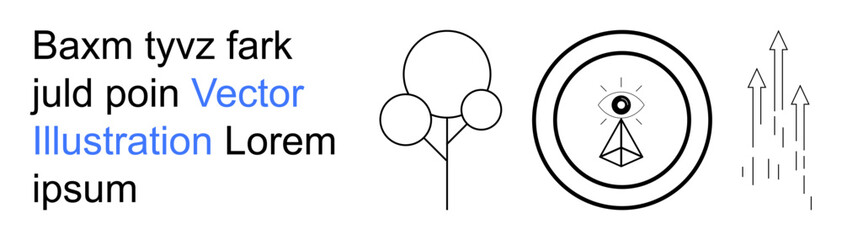 Graphic design, innovation, abstract concepts, growth, artistic creativity, vision. Minimalistic geometric shapes with an eye, tree-thumbs up form and arrows. Innovation and abstract conceptual © robu_s