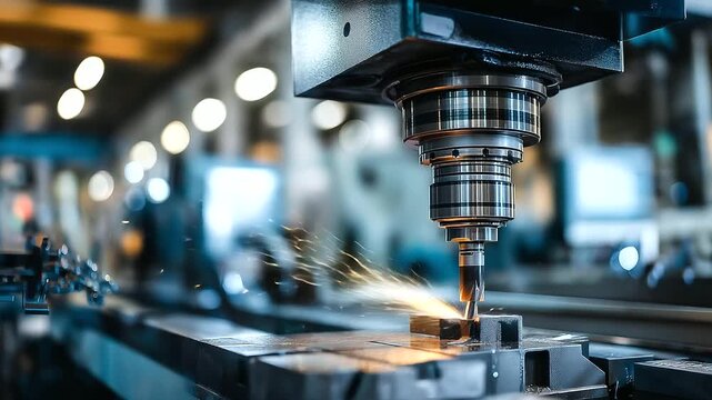 Industrial CNC machine processing metal in factory setting, automated machining operation, precision manufacturing equipment, with copy space