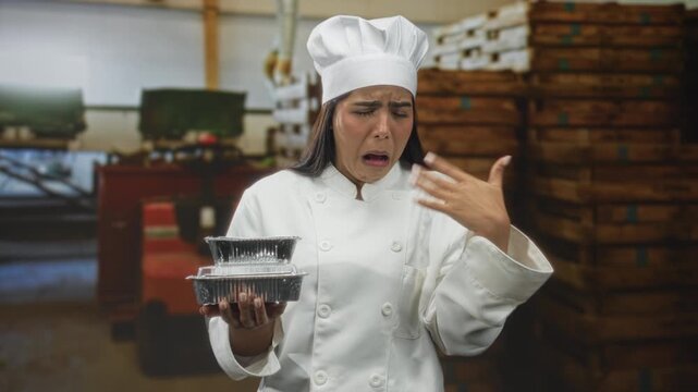 Chef woman pinches nose while holding stacked aluminum food containers and gesturing with free hand in storage building; disgust contamination.