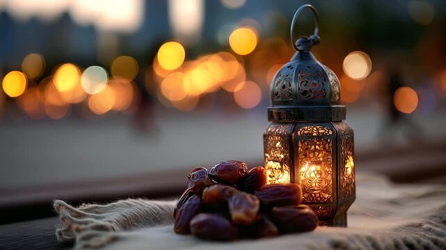 Lantern and dates in desert setting with bokeh lights, spiritual observance scene, religious celebration display, Arabian night atmosphere, festive desert arrangement, defocused