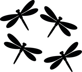 A set of black dragonfly silhouettes on a white background