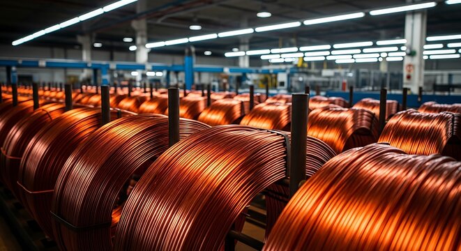 Rows of shiny copper wire spools in a manufacturing facility, highlighting industrial production and material readiness.