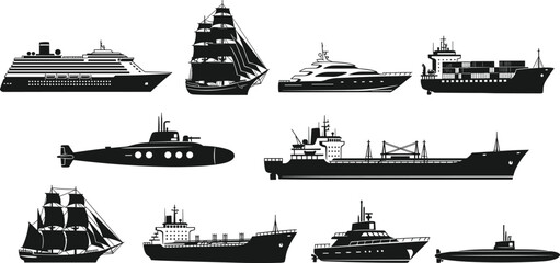 Ship silhouette collection including cruise ship cargo vessel yacht submarine sailboat and tanker maritime transportation vector illustration set © Mortuza Samiha