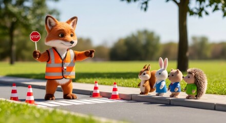 Fototapeta premium Fox character teaching animal children about road safety. Traffic guard with stop sign showing how to cross road. Pedestrian rules for kids.