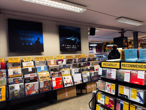 Record store interior with vinyl racks, posters for Danny L Harle Cerulean 2013 and Puma Blue album, Piccadilly recommends jazz indie rock punk sections