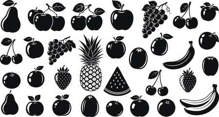 Fruit silhouette illustration, pear cherry apple vector, banana pineapple design, grape strawberry artwork, watermelon plum graphic, botanical food collection © Mst