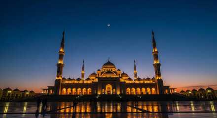 Fototapeta premium A large mosque lit up at night with a clear sky