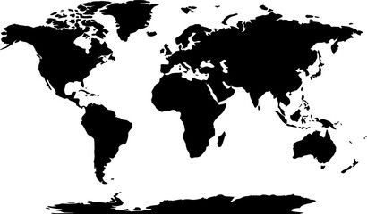 World map silhouette vector illustration featuring simplified black continents without borders, ideal for educational, design, and global motifs © Umme