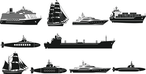 Ships and boats collection cargo ship yacht submarine sailing vessel cruise liner maritime transport silhouette vector illustration set © Mortuza Samiha