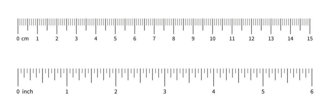Ruler scale, measuring chart with 6 inches and 15 centimeters. Length measurement distance, height, math. Template of sewing tool. Measuring chart with 6 inch and 15 cm. 