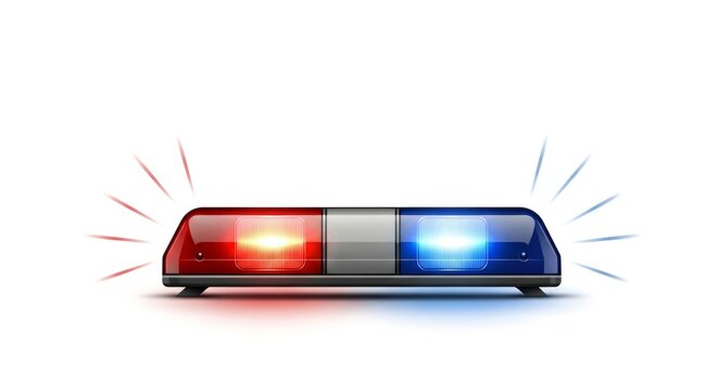 Emergency light bar with red and blue flashing lights. Police and ambulance siren for safety alert and road traffic.