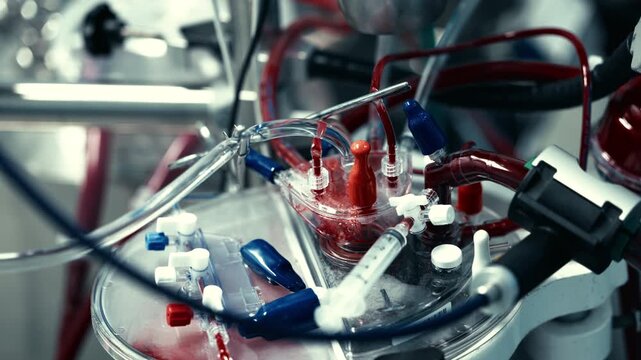 Surgical environment with medical equipment supporting blood circulation during operation. Healthcare concept.
