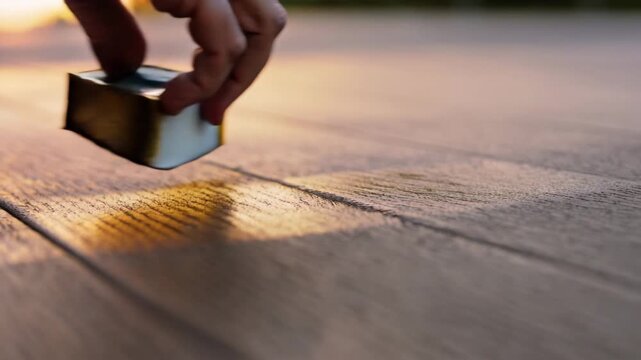 Hand Applying Oil Finish to Wood at Sunset