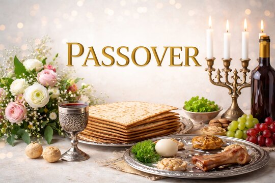 Passover Seder Table with Matzah Wine Seder Plate and Lit Candles
