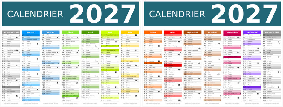 Calendrier 2027 14 mois au format 320 x 420 mm recto verso enti&egrave;rement modifiable via calques et texte sans serif