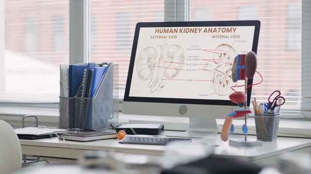 Indoor eye level no people shot of medical office workspace with desktop computer showing human kidney anatomy diagrams, anatomical model on desk, documents and supplies in clean clinic setting