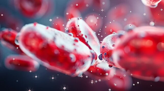 Red blood cells flowing in motion with bubbles and light reflections visible