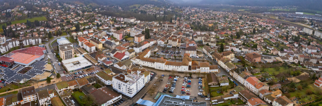  Aerial panorama view beside the old town around the city Ambérieu-en-Bugey in France on a cloudy spring day. 