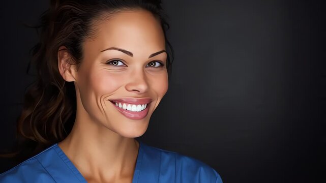 Smiling female healthcare professional in blue scrubs, friendly medical portrait on dark background for health