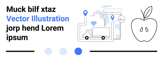 Delivery truck, GPS pins, wireless signal, and devices highlight logistics, IoT, and communication. Ideal for transport, e-commerce, tech innovation connectivity delivery service simple landing