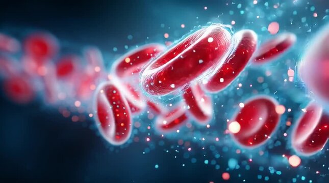 Red blood cells flowing through a bloodstream with glowing particles in motion
