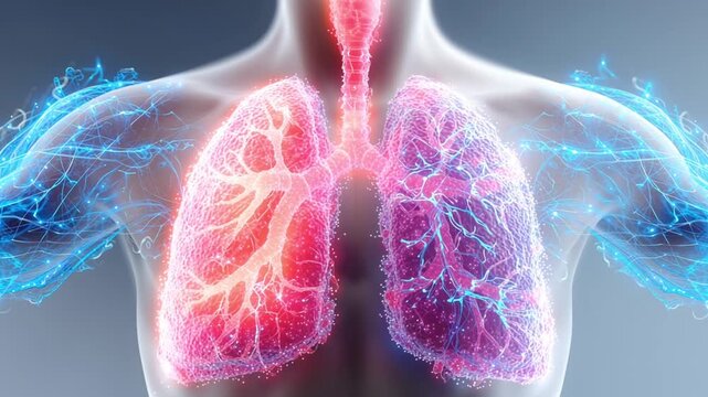 Human lungs illuminated with glowing veins, showcasing respiratory system details