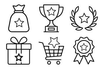 Award and achievement icons: money bag, trophy, laurel wreath, gift box, shopping cart © Suhel_AI Design