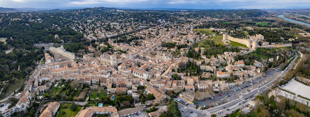 Obraz premium Aerial panorama view beside the old town around the city Villeneuve-lès-Avignon in France on a sunny spring day. 