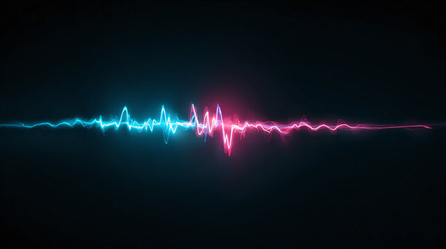 Colorful neon waveform line blue cyan magenta glowing pulses deep black background minimal futuristic digital style audio signal visualization modern data stream dynamic energy flow abstract tech