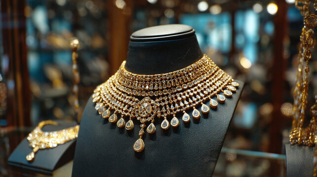 Gold necklace with diamonds displayed on black stand inside shop. Expensive jewelry accessory shines with gems and ornate design. Luxury item in store window