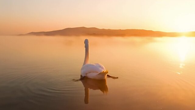 Elegant swan swimming on calm water with sunset hues