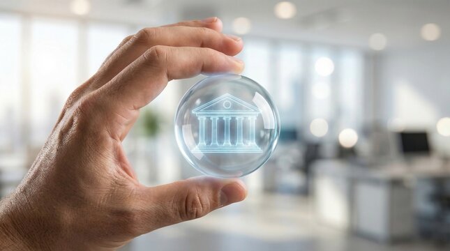 Hand holding digital bank icon with financial data .interface, concept of online banking service, secure money transfer and financial technology. in global economy
