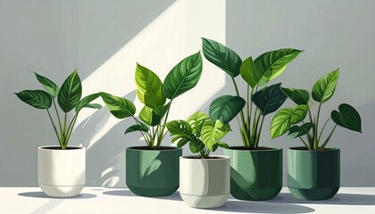Fototapeta premium Lush green houseplants in modern pots minimalist home decor indoor gardening