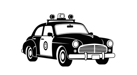 Black and white illustration of a vintage police car with a spotlight © msunny93