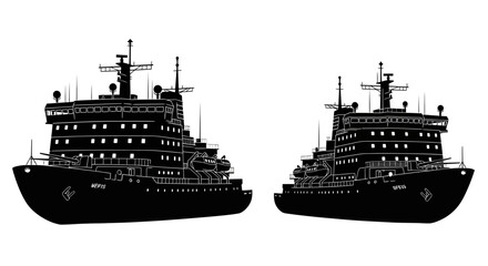Fototapeta premium Two black silhouette icebreakers facing opposite directions on a white background