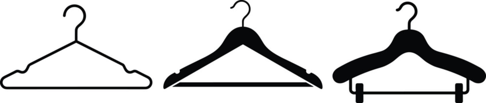 Clothes hangers wardrobe storage silhouettes illustration vector apparel organization graphics, garment accessory concept, black and white creative art collection