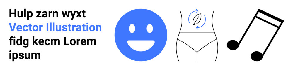 Fototapeta premium Emotions, anatomy, music, graphic design, creative concepts, social media visuals. happy face, human torso outline and musical note icon with text. Emotions and anatomy graphic concept