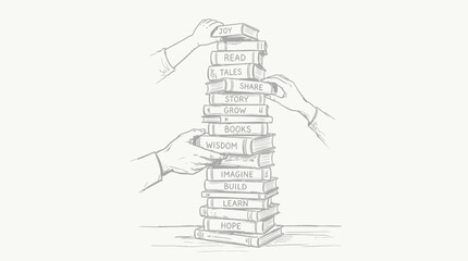 Obraz premium Hands stacking books symbolizing education growth and shared knowledge for personal development