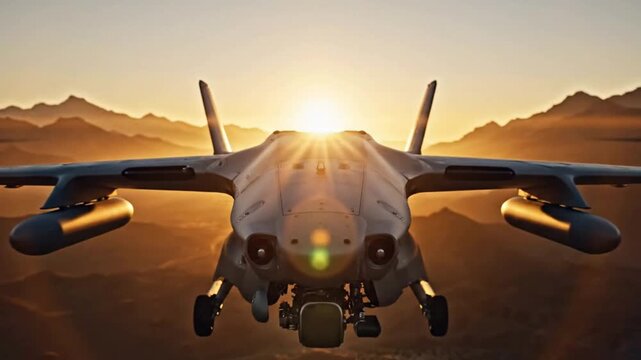 Epic military jet aircraft in dramatic desert sunset resolution stealth fighter for action films, military documentaries, and tech promotions