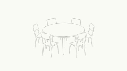 Fototapeta premium Minimalist sketch of a round dining table surrounded by seven empty chairs in a bright white room
