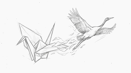 Fototapeta premium Origami crane transforming into a majestic bird in flight sketch