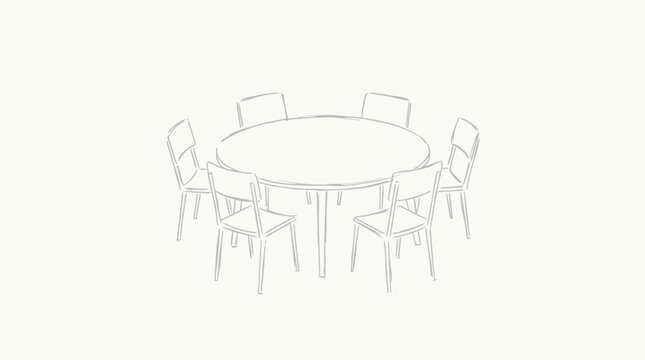 Minimalist sketch of a round dining table surrounded by seven empty chairs in a bright white room
