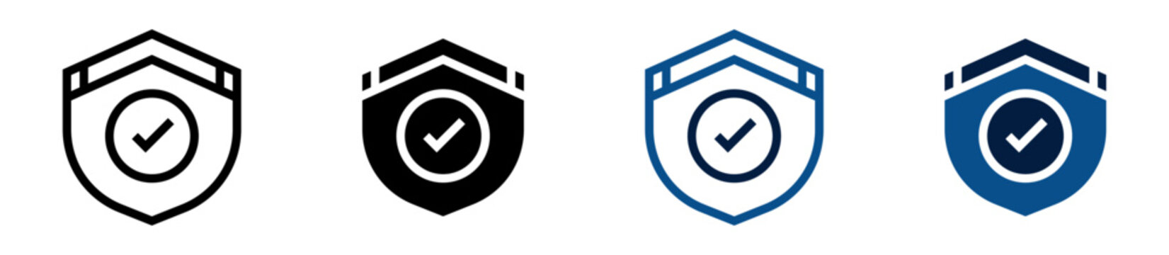 Conjunto de iconos de protecci&oacute;n verificada. Escudo con visto de aprobaci&oacute;n. Seguridad confirmada, validaci&oacute;n oficial, aprobaci&oacute;n certificada. Ilustraci&oacute;n vectorial