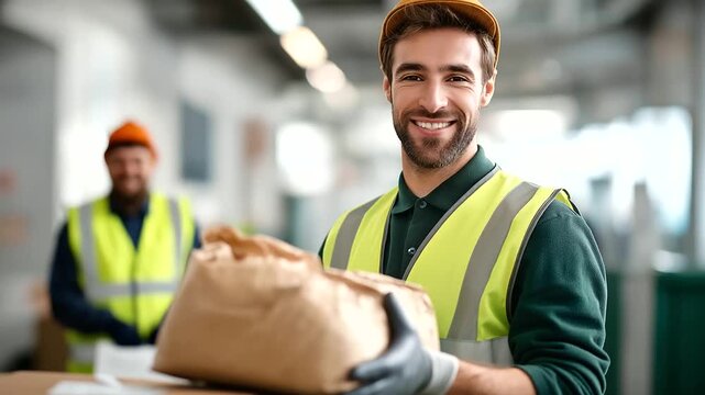 Faceless cheerful young worker hands protective vest gloves holding cardboard near sack colleagues garbage sorting center recycling environmental work activity defocused