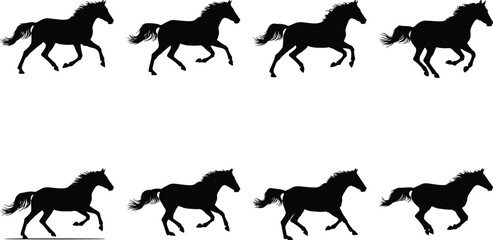 Obraz premium Dynamic vector illustration of eight black horse silhouettes in various running and galloping poses, isolated on white, symbolizing speed and power.