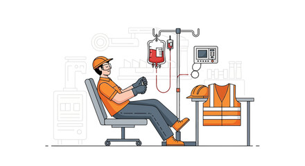 Fototapeta premium Construction worker receiving IV drip, symbolizing dedication, sacrifice, and hard work in industry