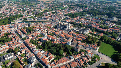 Obraz premium Aerial panoramic view above the old town around the city Verdun in France on a sunny summer day. 